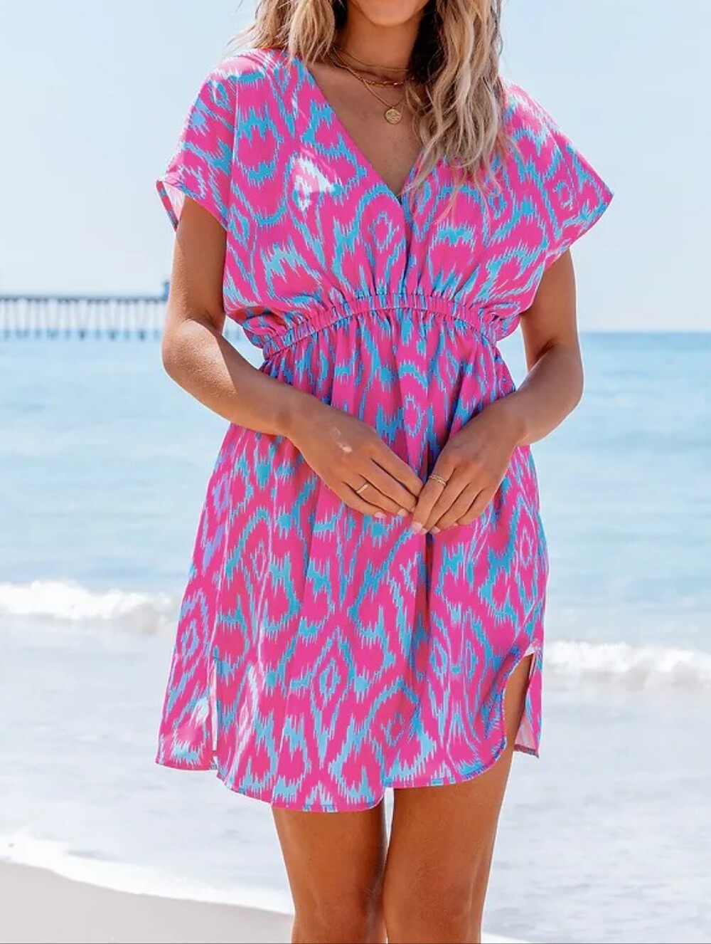 Pink Boho Dolman Sleeve V-Neck Mini Dress